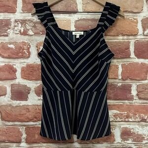Monteau Top Women's L Dark Blue Striped Ruffle Pleated Straps Casual Tank Shirt